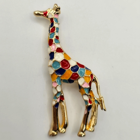 Jewelry - Vintage Gold Giraffe Pin with Multicolored Painted Spots 2 Inches Tall